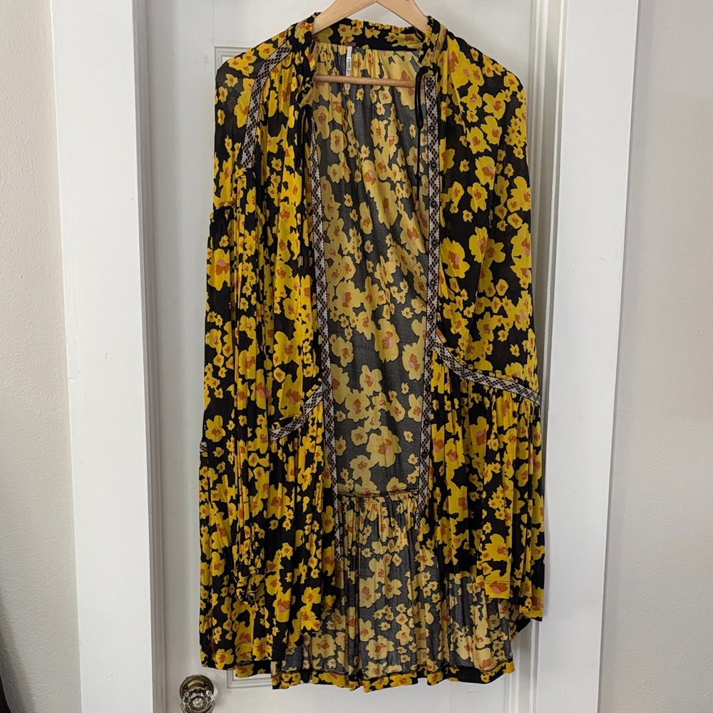 Free People Black and Yellow Floral Kimono